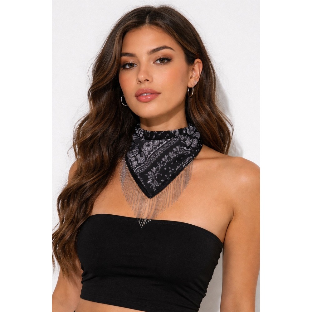 Black Paisley Bandana Choker Necklace Silver Chain Fringe Western Festival